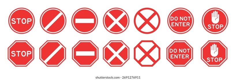 Rotes Stoppschild mit verschiedenen Stilen einzeln auf weißem Hintergrund, Vektor eps 10
