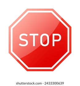 Red Stop Sign with glossy effect, isolated on white background. Traffic regulatory warning stop symbol. Realistic 3d Vector illustration