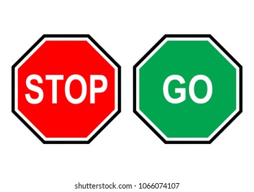 Red Stop Sign and Green go sign isolated on white background. Traffic regulatory warning stop and go symbol.