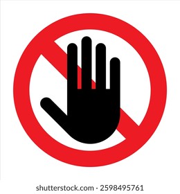 Red stop sign with hand, No entry hand red label or sticker, stop, ban or prohibited icon. Do not touch symbol.

