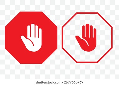 Señal roja de la parada con la mano, ninguna etiqueta roja de la mano de la entrada o etiqueta engomada, parada, prohibición o icono prohibido.