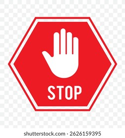 red stop sign with hand vector icon, hand palm icon, warning stop sign, no entry symbol, no trespassing, stop sign, road sign, vector illustration on transparent background, prohibition icon. EPS 10