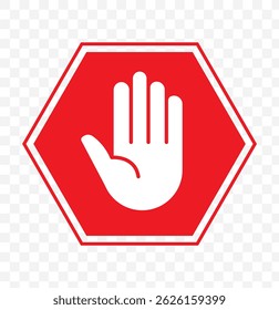 red stop sign with hand vector icon, hand palm icon, warning stop sign, no entry symbol, no trespassing, stop sign, road sign, vector illustration on transparent background, prohibition icon. EPS 10