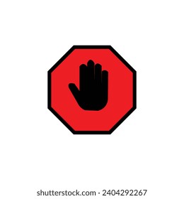  Red stop sign icon with black  hand  palm flat vector icon for apps and websites.