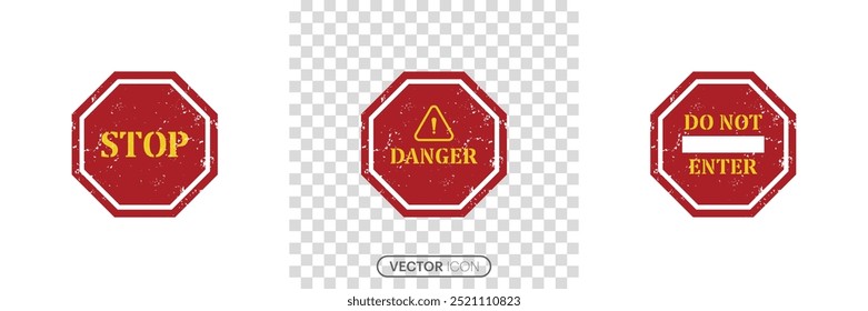 Red stop sign icon. Caution signs. Symbols danger and warning signs. Do Not Enter. No Entry Signs. Traffic signs collection. exclamation mark of warning attention icon. Vector illustration.