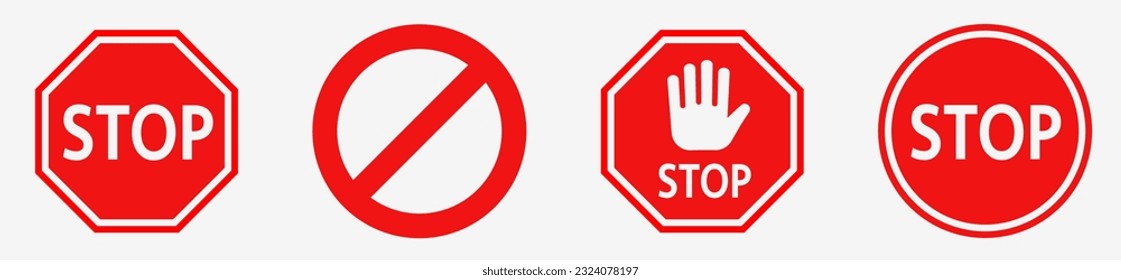 Red stop sign icon collection. Stop street sign. Stop hand sign with text flat icon for apps and websites isolated on white background.