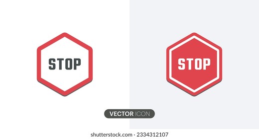 Symbol mit rotem Stopp-Zeichen gesetzt. Symbol für die Haltestelle der Verkehrswarnung mit einem flachen Textsymbol für Apps und Websites.Vektorgrafik
