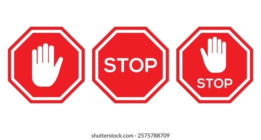 Red stop sign icon set. White text and hand symbol on red traffic sign. Vector illustration.