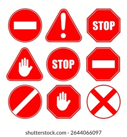 Red STOP sign icon set. Sign with hand and stop sign. Vector