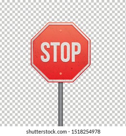 Red STOP sign isolated on transparent background.  Isolated Traffic Regulatory Warning Signage. Vector illustration.