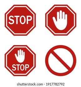 Red stop sign isolated on white background. Stop hand on red sign. Vector illustration