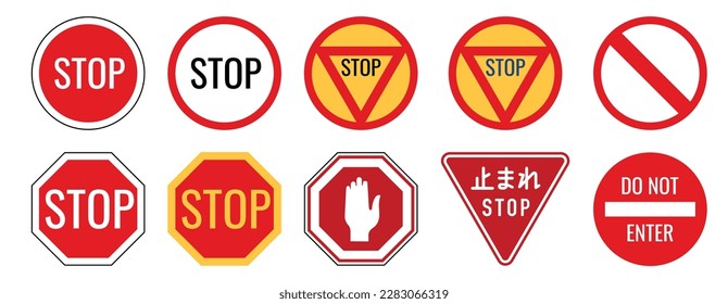Red stop sign isolated on white background. Stop hand on red sign in various country, Vector illustration