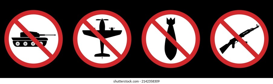 Red Stop Sign Military Weapon Glyph Pictogram Collection. No War Symbol Silhouette Icon Set. No Army Only Peace Symbol. Warning Tank, War Plane, Nuclear Bomb, AK 47 Icon. Isolated Vector Illustration.