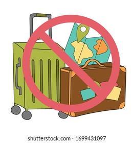 Red stop sign on a suitcase. Coronavirus pandemic. Healthcare concept. Cute design on an isolated white background.