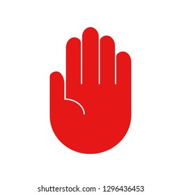 red stop sign, open palm, hand on white background, vector illustration.
