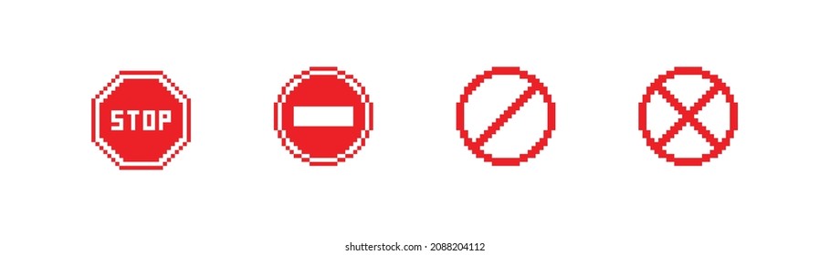 Red STOP sign pixel icon. 8 bit do not enter buttor. Road sign. Vector flat illustration