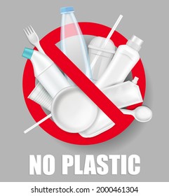 Red stop sign with plastic bottles, plates, cups, spoon, fork, vector illustration. No plastic pollution. Save environment.