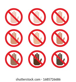 Red Stop sign set different skin color hand symbol