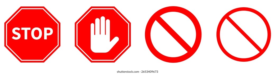 O conjunto de sinais de parada vermelhos. Sinal vermelho STOP isolado. Sinal de interrupção de vetor