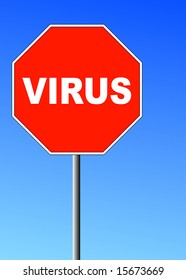 forma de signo de parada roja con la palabra virus sobre ella contra el cielo azul