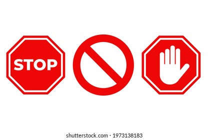 Red stop sign vector symbol. Red ban icon. Set of prohibition signs. Stop hand icon isolated on white background.