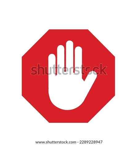 A red stop sign with a white hand on a white background with copy space 