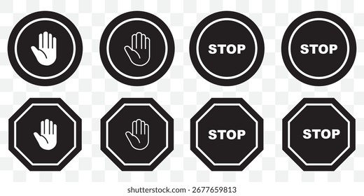 Rotes Stoppschild. Weißer Text und Handzeichen auf rotem Verkehrszeichen. Vektorgrafik.