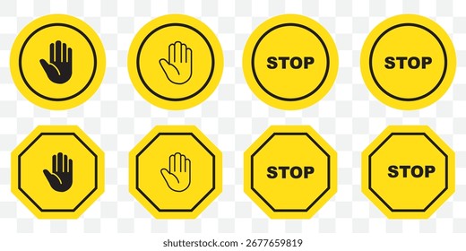 Red stop sign. White text and hand symbol on red traffic sign. Vector illustration.