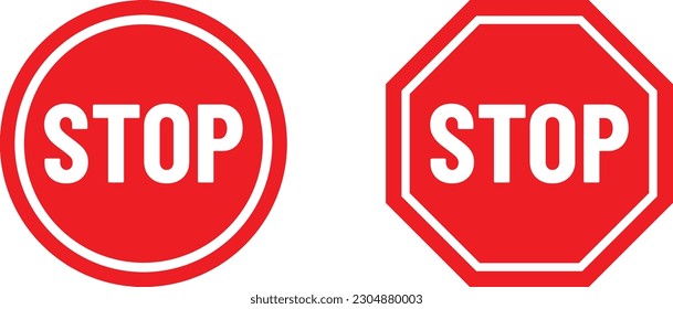 Señales de parada rojas en octógono y círculo. Aviso de tráfico y prohibición del vector de iconos