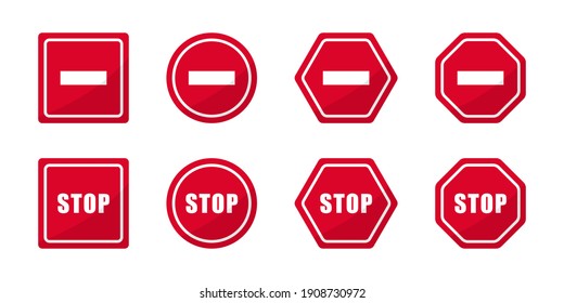 Red Stop Signs Set In 4 Different Shapes, No Entry Signs Vector Set