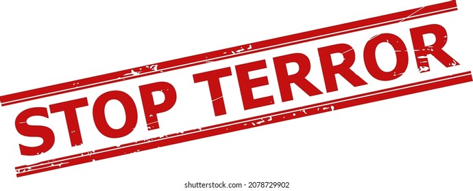 Red STOP TERROR badge. STOP TERROR title is between parallel double lines. Rough STOP TERROR badge in red color, with unclean surface.