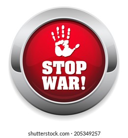Red stop war button with chrome border on white background