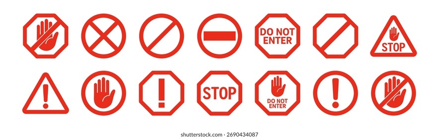 Red stop warning signs set vector illustration on transparent background