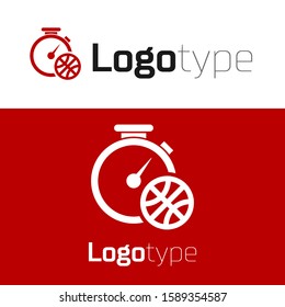 Red Stopwatch with basketball ball inside icon isolated on white background. Basketball time. Sport and training. Logo design template element. Vector Illustration
