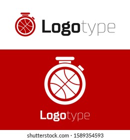 Red Stopwatch with basketball ball inside icon isolated on white background. Basketball time. Sport and training. Logo design template element. Vector Illustration