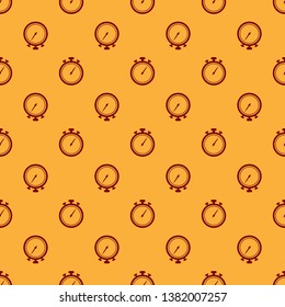 Red Stopwatch icon isolated seamless pattern on brown background. Time timer sign. Chronometer sign. Vector Illustration