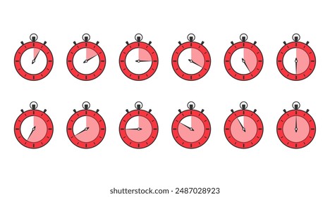 Rote Stoppuhr Icons mit unterschiedlicher Zeit, flaches Design, Vektorgrafik eps10 Illustration