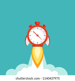 red stopwatch rocket ship with fire and clouds. Fast time stop watch, limited offer, deadline symbol. Vector illustration on blue. Time to work. Countdown shuttle