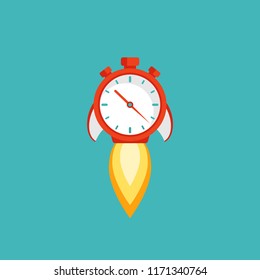 red stopwatch rocket ship with fire. Fast time stop watch, limited offer, deadline symbol. Vector illustration on blue. Time to work. Countdown shuttle
