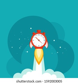 red stopwatch rocket ship with fire, clouds and stars. Fast time stop watch, limited offer, deadline symbol. Vector illustration on blue. Time to work. Countdown shuttle