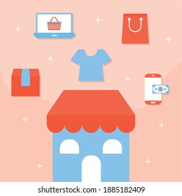 red store and bundle of online shopping icons vector illustration design
