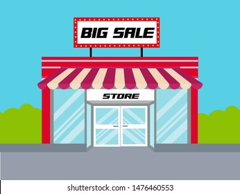 Red store design with color geometric shapes. Elements of outdoor advertising. Corporate identity. Big sale promotion on store.