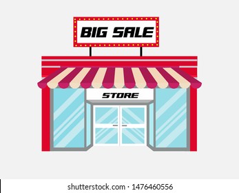 Red store design with color geometric shapes. Elements of outdoor advertising. Corporate identity. Big sale promotion on store.