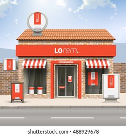 Red store design with white vertical shape. Elements of outdoor advertising. Corporate identity