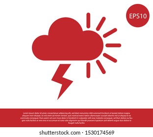 Red Storm icon isolated on white background. Cloudy with lightning and sun sign. Weather icon of storm.  Vector Illustration