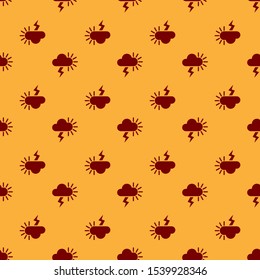 Red Storm icon isolated seamless pattern on brown background. Cloudy with lightning and sun sign. Weather icon of storm.  Vector Illustration