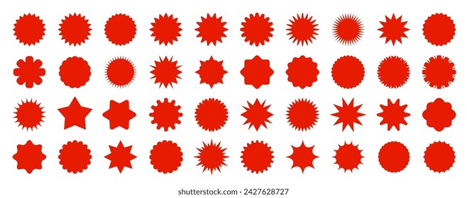 Red straburst sale price labels, stickers and seals. Isolated vector set of rosettes and sunbursts, callout or splash, stamps, tags and badges. Circular patches with jagged edges for promo advertising