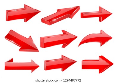 Red straight shiny arrows. Vector 3d illustration isolated on white background
