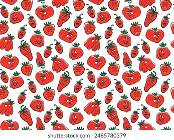Red Strawberries character seamless pattern. Vector funny character berries. holiday decoration, poster, greeting card, sticker, social media, bakery, menu design.