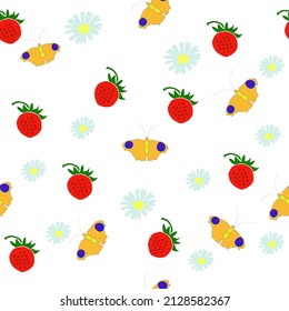 Red strawberries and daisies and butterflies on a white background. Seamless patern, vector design eps 10